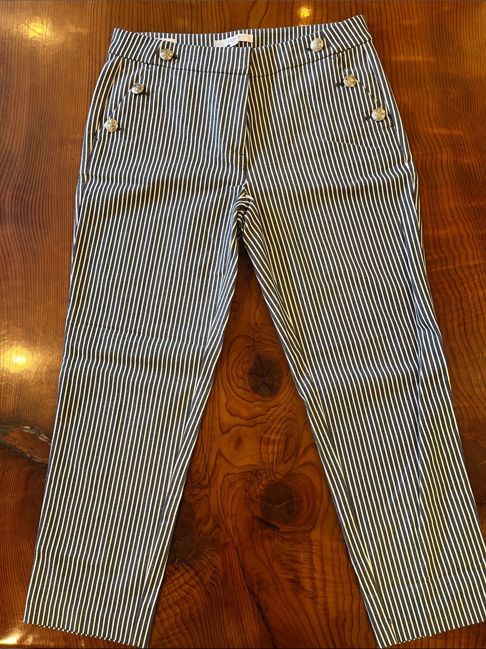 LOFT Navy and White Striped Boot Cut Pants